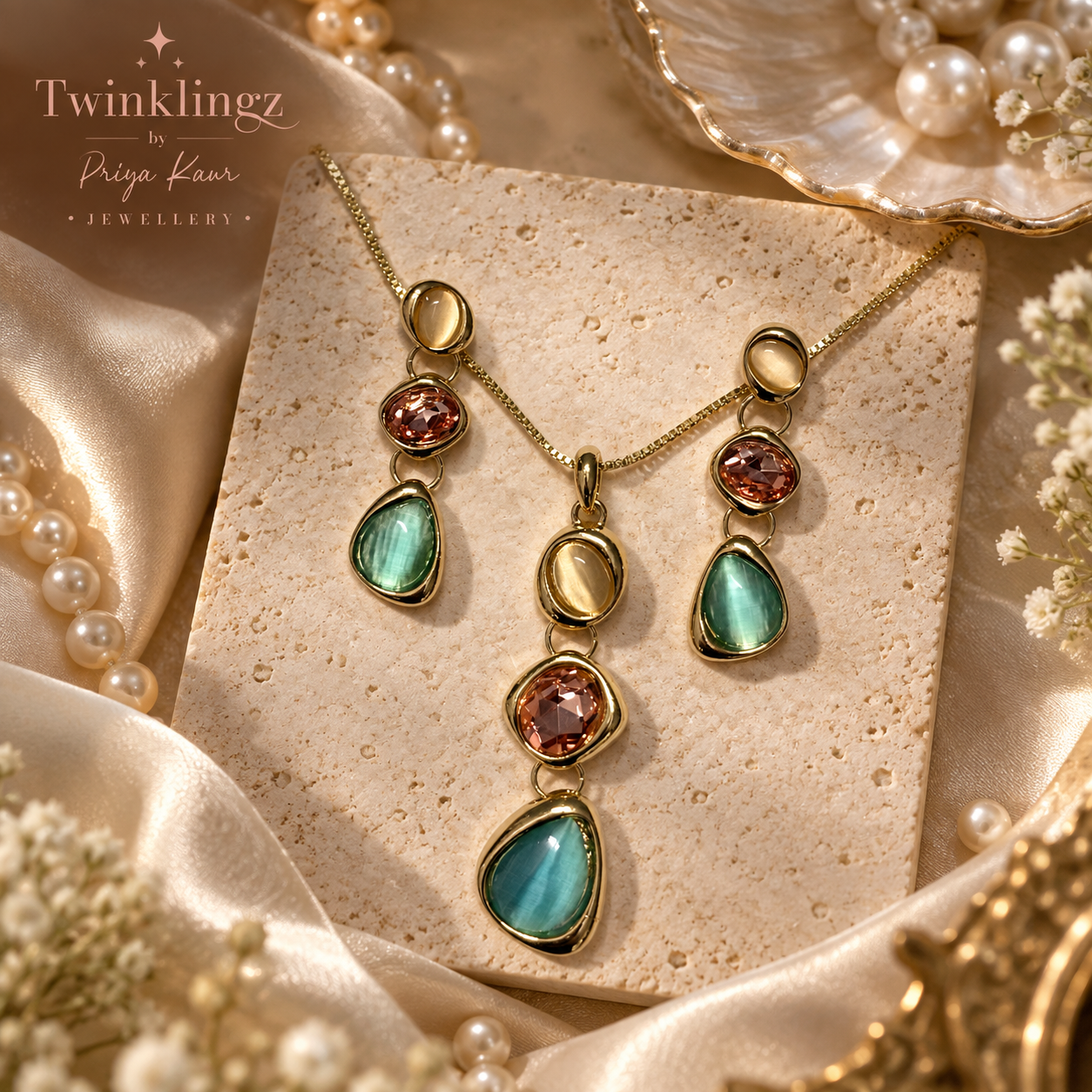 Rose gold statement jewellery on burgundy velvet